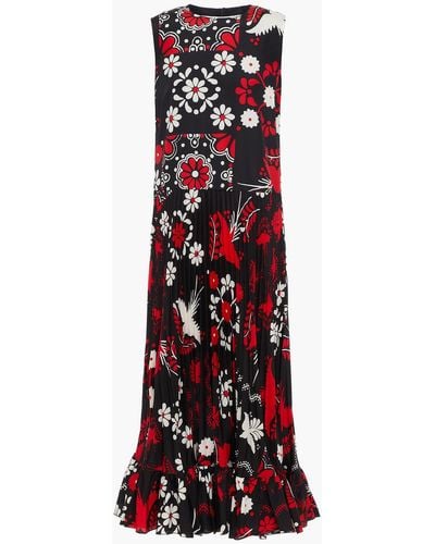 RED Valentino Pleated Floral-print Crepe De Chine Midi Dress - Red