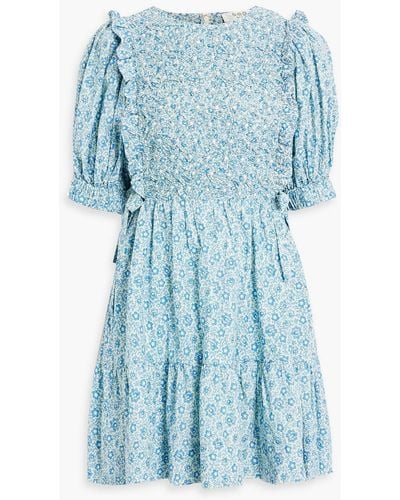 Sea Ida Smocked Floral-print Cotton-voile Mini Dress - Blue