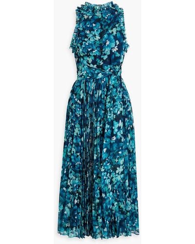 Badgley Mischka Pleated Floral-print Chiffon Midi Dress - Blue