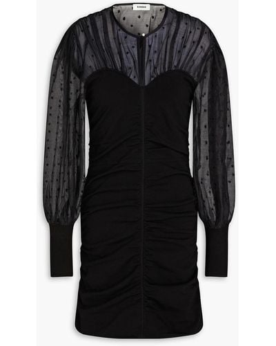 Sandro Balmora Ruched Swiss-dot And Knitted Mini Dress - Black