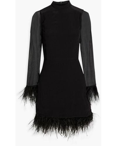 HVN Tate Feather-trimmed Crepe De Chine And Silk-chiffon Mini Dress - Black