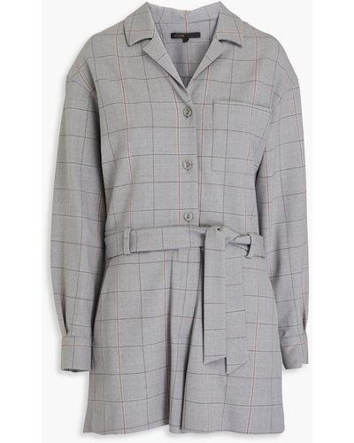 Maje Belted Checked Wool-blend Twill Playsuit - Grey