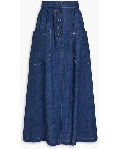 Emporio Armani Topstitched Linen Maxi Skirt - Blue
