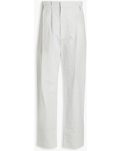 Brunello Cucinelli Pleated Pinstriped Cotton And Linen-blend Wide-leg Pants - White