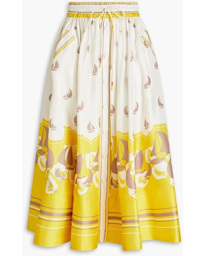 Zimmermann Snap-detailed Printed Silk-satin Midi Skirt - Yellow