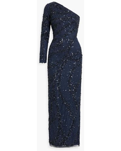 THEIA Evangeline One-sleeve Embellished Tulle Gown - Blue