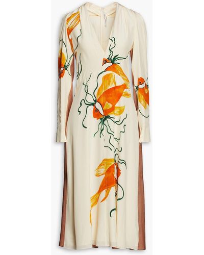Victoria Beckham Cold-shoulder Paneled Printed Silk Crepe De Chine Midi Dress - Metallic