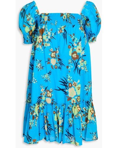 Tory Burch Ruffled Floral-print Cotton-mousseline Mini Dress - Blue