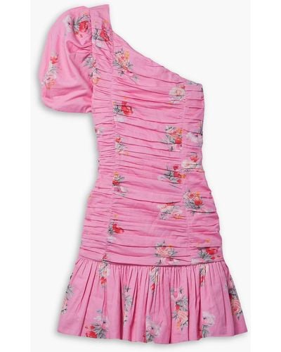 LoveShackFancy Oberdine One-sleeve Gathered Floral-print Cotton Mini Dress - Pink
