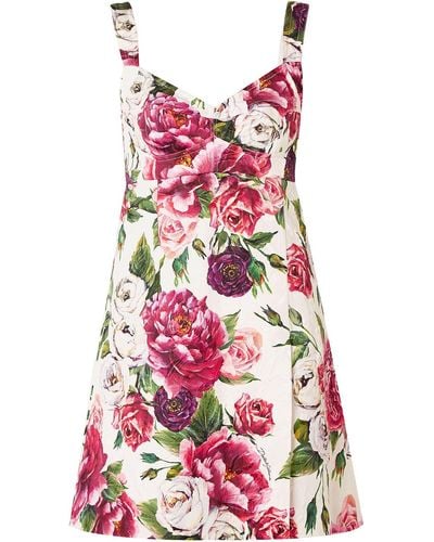 Dolce & Gabbana Floral-print Cotton-blend Cloqué Mini Dress - Red