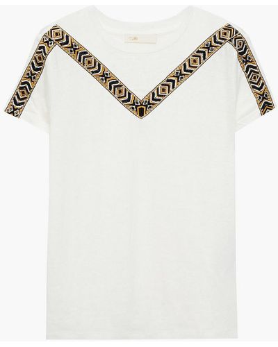 Maje Embellished Jacquard-trimmed Linen-jersey T-shirt - White