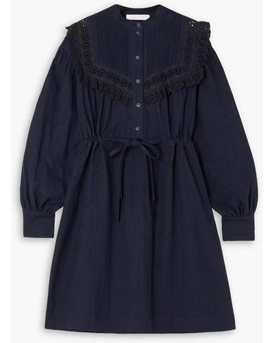 See By Chloé Broderie Anglaise-trimmed Cotton-jacquard Mini Dress - Blue