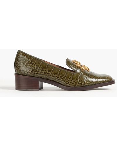 Tory Burch Eleanor Embellished Croc-effect Leather Court Shoes - Green