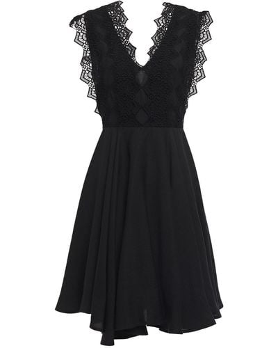 Sandro Evo Asymmetric Guipure Lace-paneled Twill Mini Dress - Black