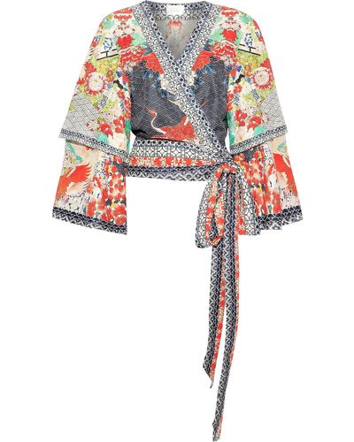 Camilla Geisha Girl Cropped Embellished Printed Silk-jacquard Wrap Blouse - Multicolor