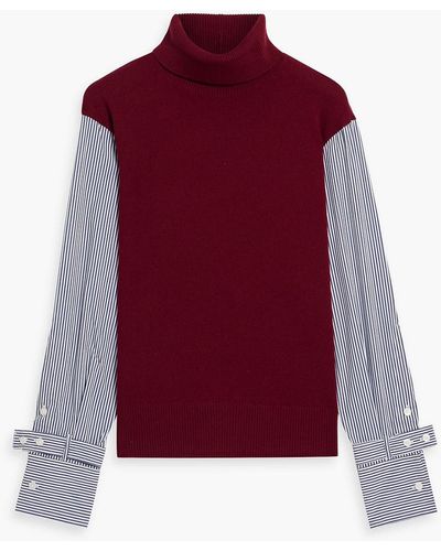 10 Crosby Derek Lam Corinne Striped Poplin-paneled Wool-blend Turtleneck Sweater - Red