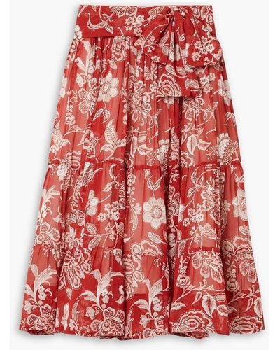 Evarae Obi Gathe Floral-print Silk-georgette Midi Skirt - Red
