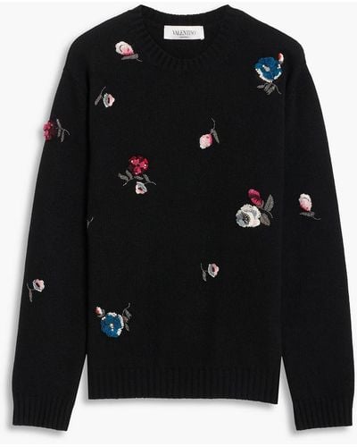 Valentino Garavani Floral-appliquéd Wool And Cashmere-blend Sweater - Black