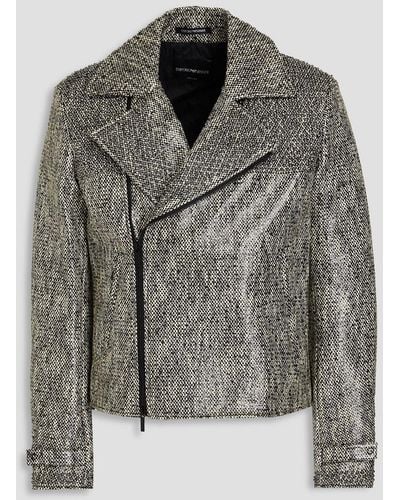 Emporio Armani Studded Coated Tweed Biker Jacket - Grey