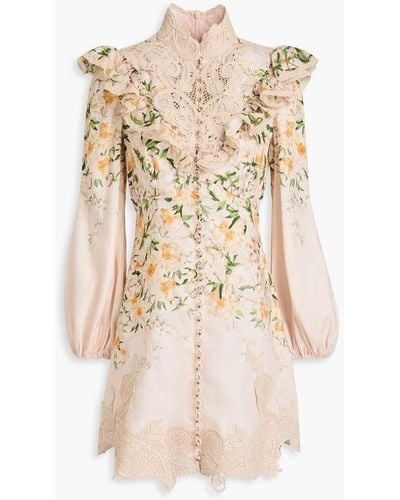 Zimmermann Lace-trimmed Ruffled Floral-print Linen Mini Dress - Natural