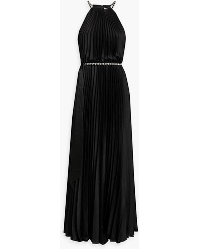 ML Monique Lhuillier Chain-trimmed Pleated Hammered-satin Gown - Black