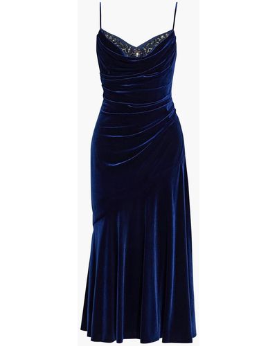 THEIA Appliquéd Tulle-paneled Draped Stretch-velvet Midi Dress - Blue