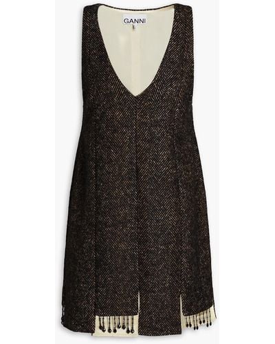 Ganni Fringed Bead-embellished Herringbone Tweed Mini Dress - Black