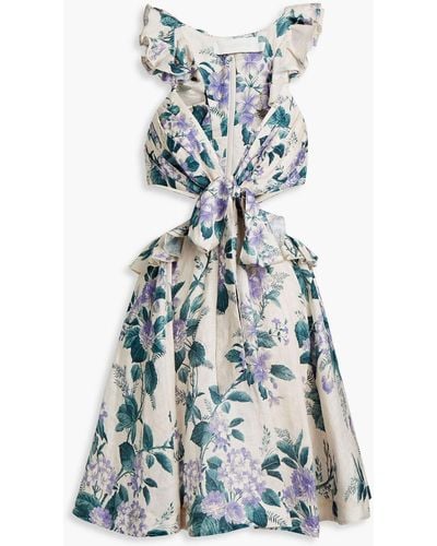 Zimmermann Cutout Floral-print Linen Mini Dress - Blue
