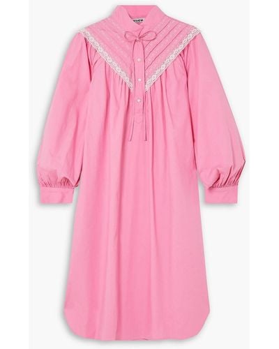 BATSHEVA Landry Lace-trimmed Pintucked Embroidered Cotton-poplin Mini Dress - Pink