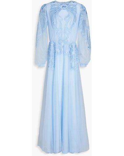 Costarellos Embroidered Tulle-paneled Organza Gown - Blue