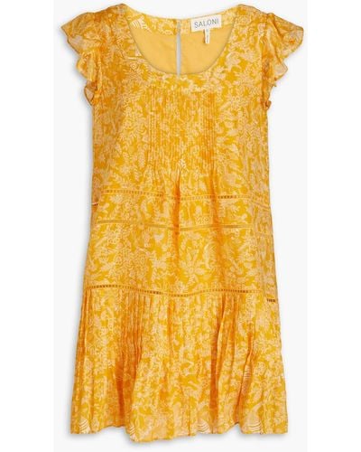Saloni maggie Pintucked Printed Cotton And Silk-blend Voile Mini Dress - Yellow