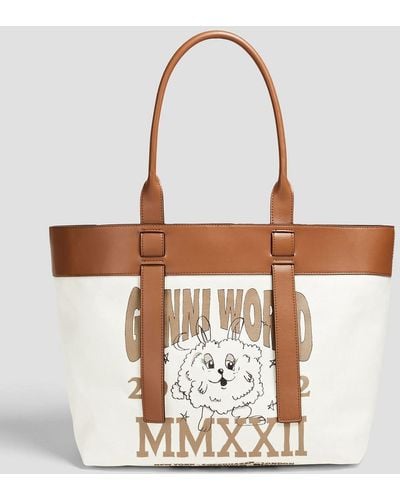 Ganni Leather-trimmed Printed Canvas Tote - White