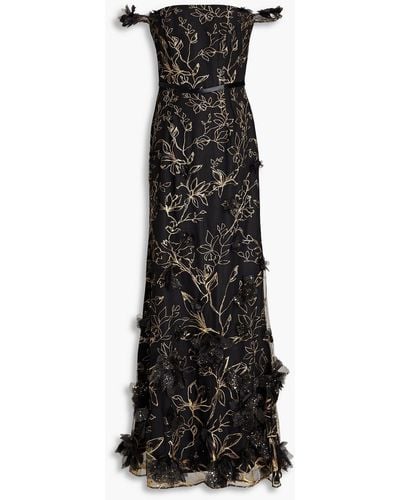 Marchesa Floral-appliquéd Embroidered Tulle Gown - Black