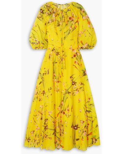 Lela Rose Wildflower Tie-detailed Floral-print Cotton And Silk-blend Voile Midi Dress - Yellow
