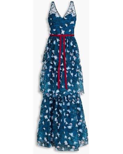 Marchesa Tiered Embellished Tulle Gown - Blue