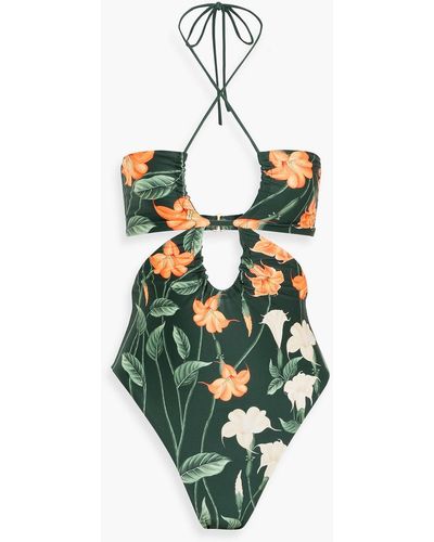 Agua Bendita Mejorana Sabanero Nocturno Cutout Floral-print Halterneck Swimsuit - Green