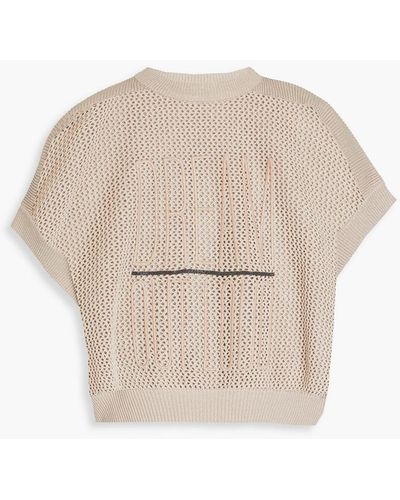 Brunello Cucinelli Embroidered Bead-embellished Open-knit Cotton Top - Natural