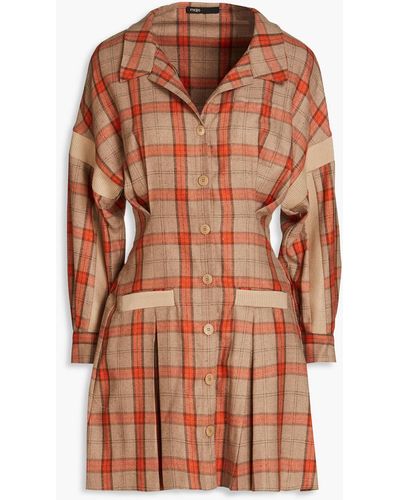 Maje Ravellino Pleated Checked Flannel Shirt Dress - Brown