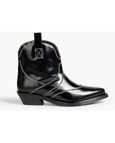 Ganni Glossed-leather Ankle Boots - Black