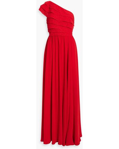 Mikael Aghal One-shoulder Broderie Anglaise-paneled Crepe Gown - Red