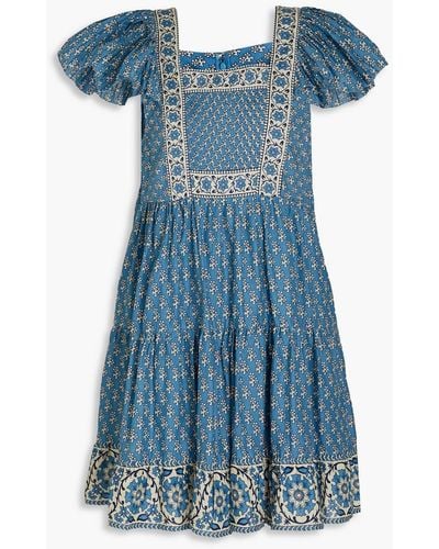 Sea Fernanda Pintucked Floral-print Cotton Mini Dress - Blue