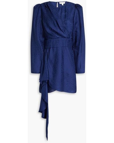 Ronny Kobo Wrap-effect Pleated Satin-jacquard Mini Dress - Blue