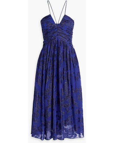 ML Monique Lhuillier Metallic Fil Coupé Silk-blend Midi Dress - Blue