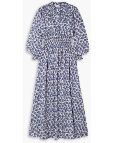 Loretta Caponi Zaira Smocked Printed Woven Maxi Dress - Blue