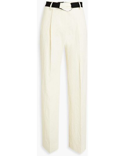 Victoria Beckham Belted Pleated Hammered Cotton-blend Straight-leg Pants - Natural