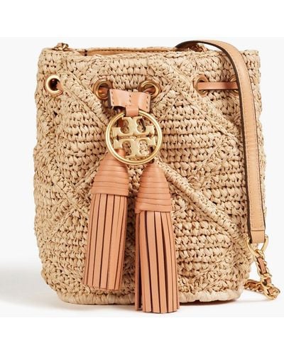 Tory Burch Fleming Leather-trimmed Straw Bucket Bag - Natural