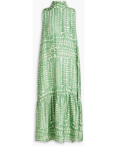 Asceno Oslo Bow-embellished Gathered Printed Silk-twill Maxi Dress - Green