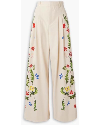 Rosie Assoulin Pleated Floral-print Cotton-canvas Wide-leg Pants - White