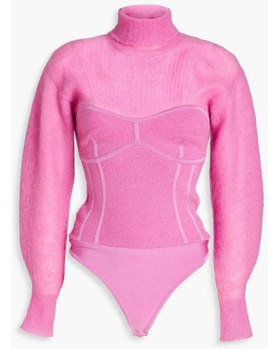 Hervé Léger Bandage-paneled Ribbed-knit Turtleneck Bodysuit - Pink