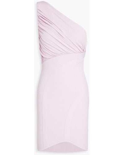 Hervé Léger Gerafftes minikleid aus jersey und stretch-strick mit asymmetrischer schulterpartie - Pink